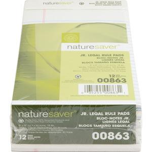 Nature Saver 100% Recycled White Jr. Rule Legal Pads - Jr.Legal - 50 Sheets - 0.28" Ruled - 15 lb Basis Weight - Jr.Legal - 5" x 8" Sheet Size - White Paper - Perforated, Back Board - Recycled - 1 Doz. Picture 3