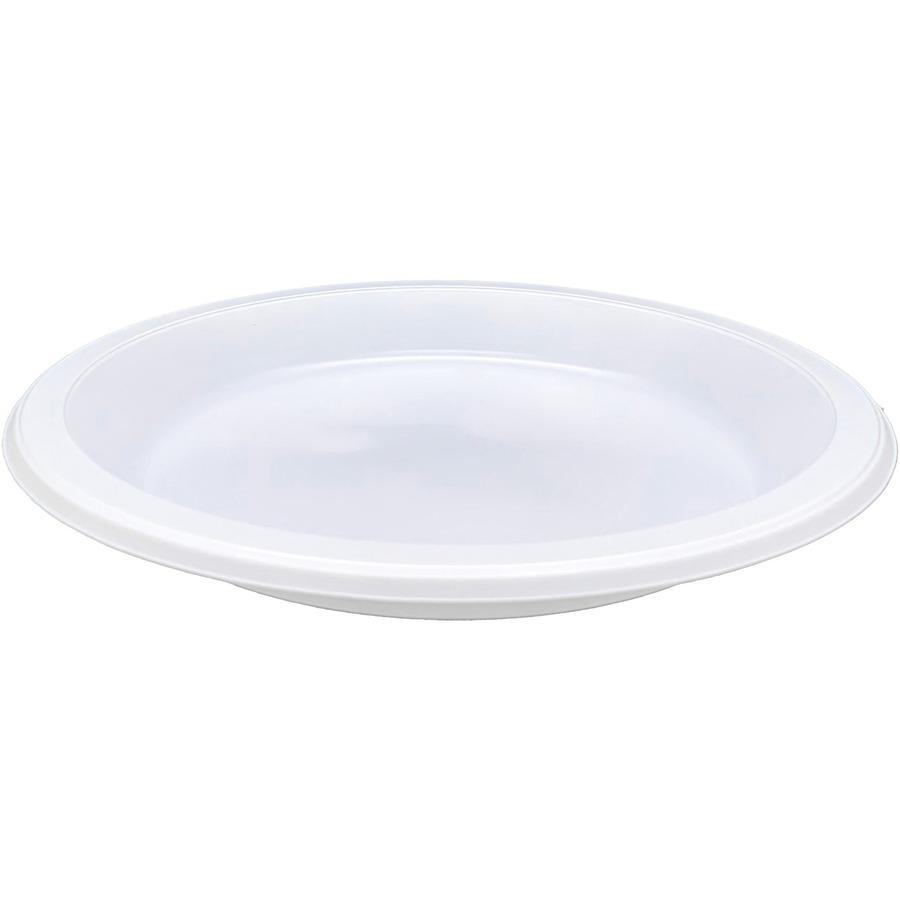 Genuine Joe 10-1/4" Large Plastic Plates - Disposable - 10.3" Diameter - Warm White - Plastic Body - 125 / Pack. Picture 3