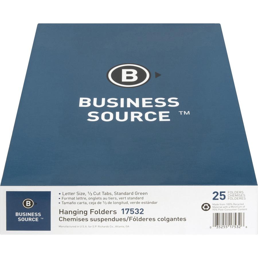 Business Source 1/3 Tab Cut Letter Recycled Hanging Folder - 8 1/2" x 11" - 11 pt. - Standard Green - Acid-free - 100% Recycled - 25 / Box. Picture 10