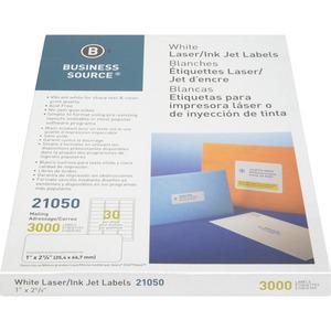 Business Source Bright White Premium-quality Address Labels - 1" Width x 2 5/8" Length - Permanent Adhesive - Rectangle - Laser, Inkjet - White - 30 / Sheet - 100 Total Sheets - 3000 / Pack. Picture 8
