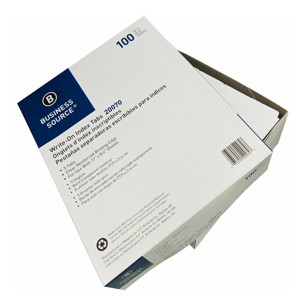Business Source 3-Ring Plain Tab Indexes - 5 Write-on Tab(s) - 5 Tab(s)/Set - 2" Tab Width - 8.5" Divider Width x 11" Divider Length - Letter - 3 Hole Punched - White Divider - 100% Yes - Mylar Reinfo. Picture 8