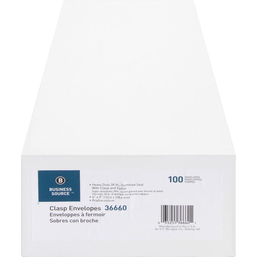 Business Source Heavy-duty Metal Clasp Envelopes - Clasp - #55 - 6" Width x 9" Length - 28 lb - Clasp - Kraft - Kraft - 100 / Box. Picture 9