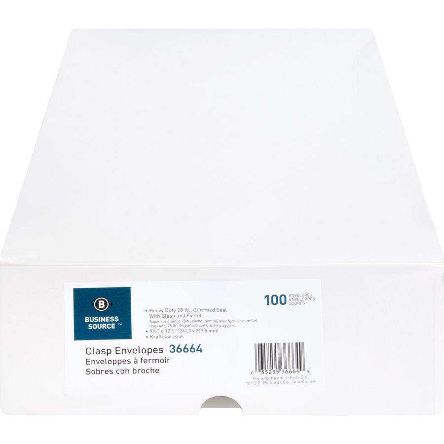 Business Source Heavy-duty Clasp Envelopes - Clasp - #93 - 9 1/2" Width x 12 1/2" Length - 28 lb - Clasp - Kraft - 100 / Box - Kraft. Picture 8