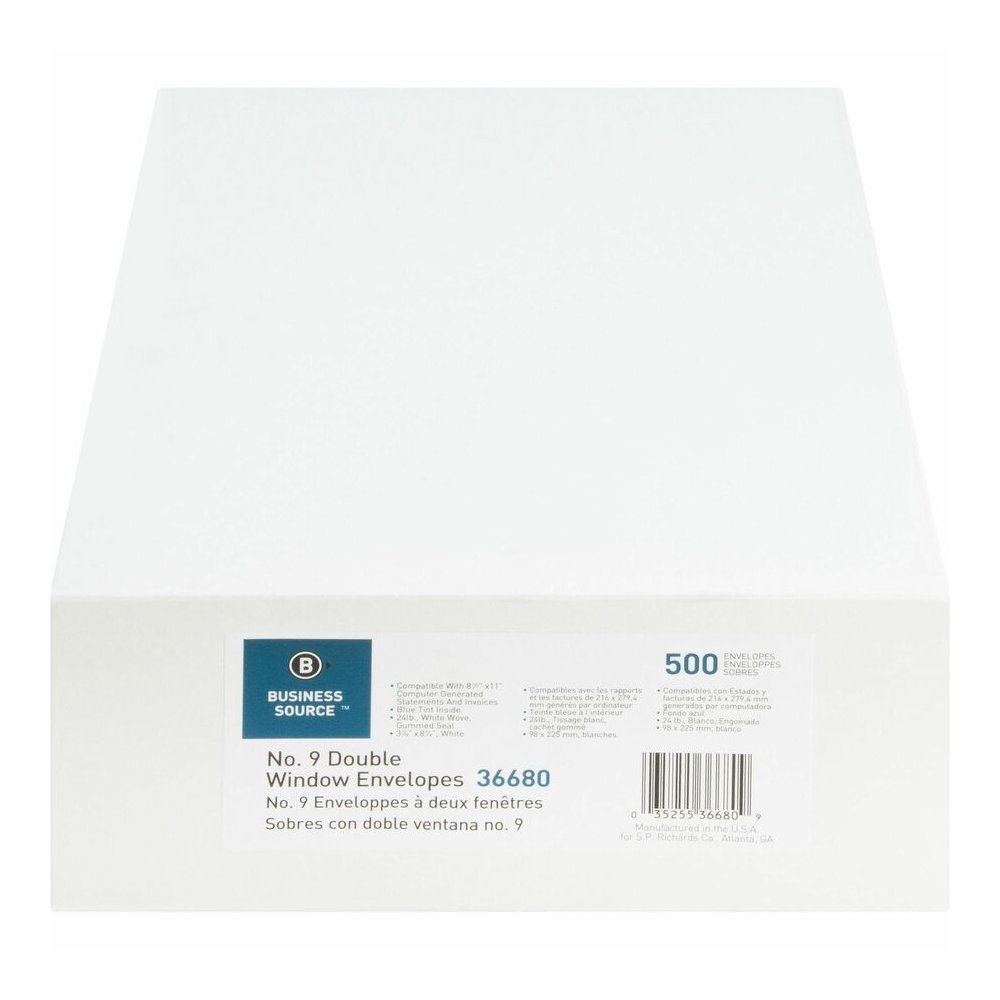 Business Source No. 9 Double Window Invoice Envelopes - Double Window - #9 - 8 7/8" Width x 3 7/8" Length - 24 lb - White - 500 / Box. Picture 16