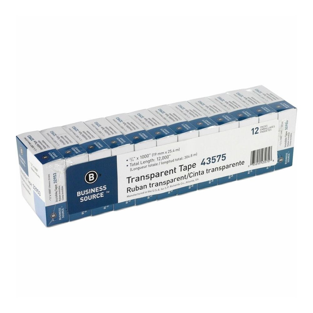 Business Source All-purpose Transparent Glossy Tape - 27.78 yd Length x 0.75" Width - 1" Core - Clear - For Sealing, Mending, Protecting - 12 / Pack. Picture 12