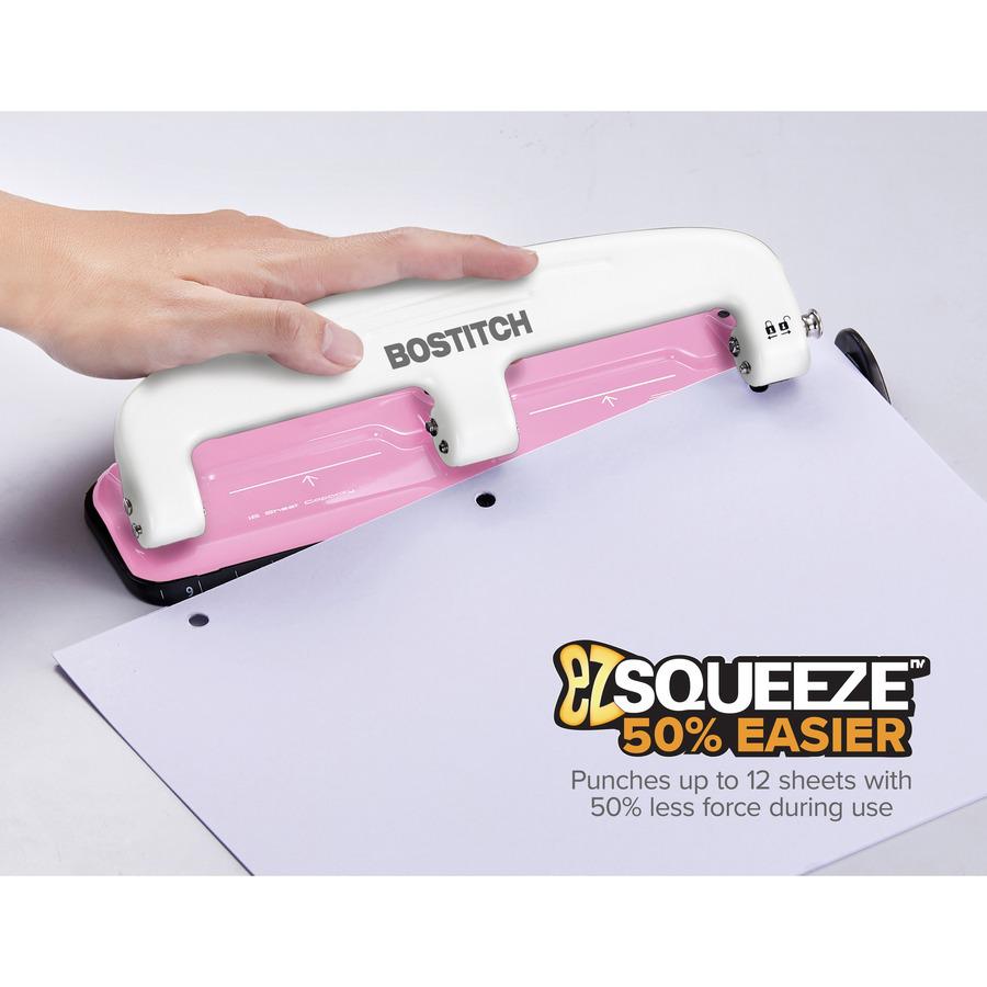 Bostitch EZ Squeeze&trade; InCourage 12 Three-Hole Punch - 3 Punch Head(s) - 12 Sheet - 9/32" Punch Size - Round Shape - 3" x 1.6" - Pink, White. Picture 7