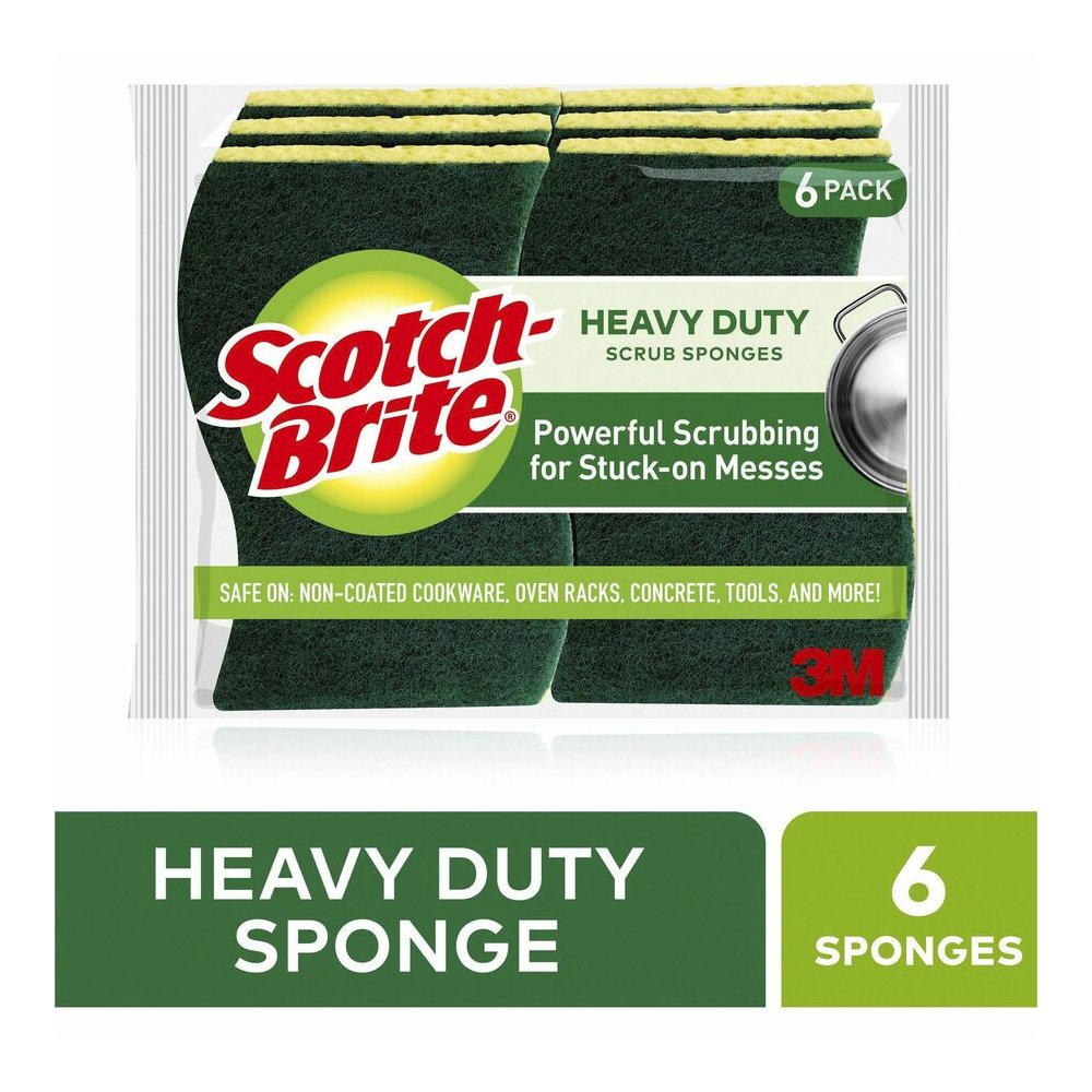 Scotch-Brite Heavy-Duty Scrub Sponges - 2.8" Height x 4.5" Width x 0.6" Depth - 6/Pack - 6 / Carton - Green, Yellow. Picture 11