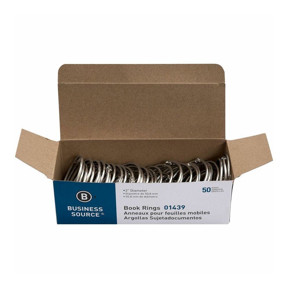 Business Source Standard Book Rings - 2" Diameter - Silver - Nickel Plated - 50 / Box. Picture 6