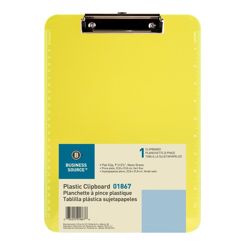 Business Source Flat Clip Clipboard - 9" x 12" Sheet Size - Plastic - Neon Green - 6 / Bundle. Picture 12