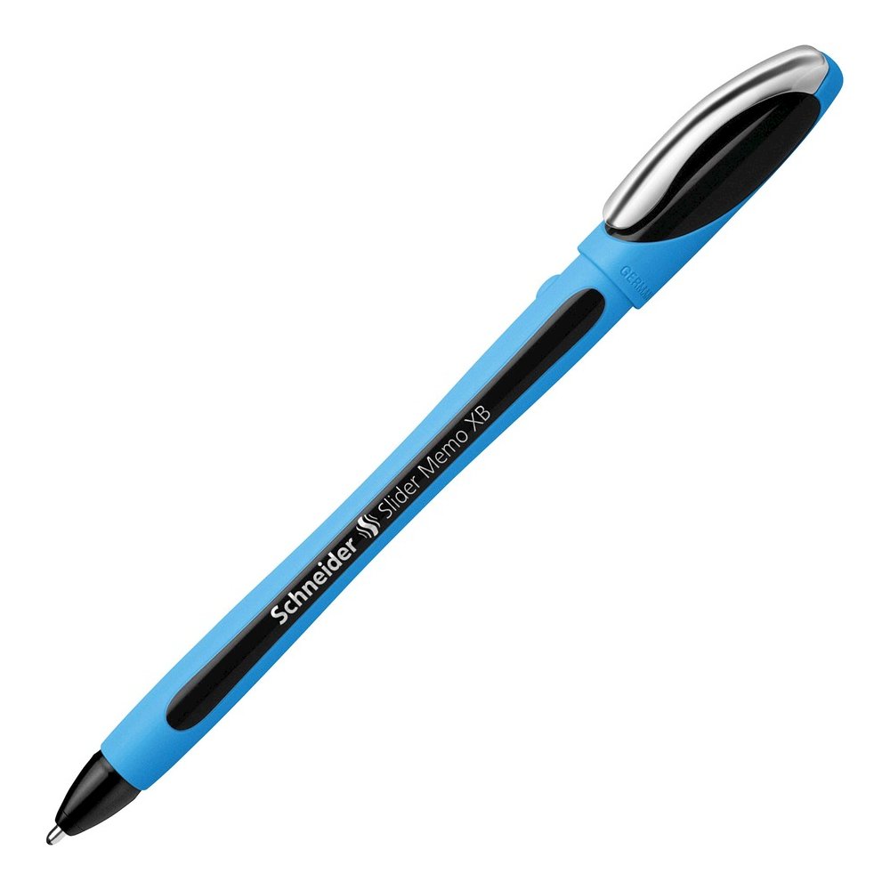 Schneider Slider Memo XB Ballpoint Pen - Black Ink - Black Rubberized, Light Blue Barrel - Stainless Steel Tip - 10 / Pack. Picture 11