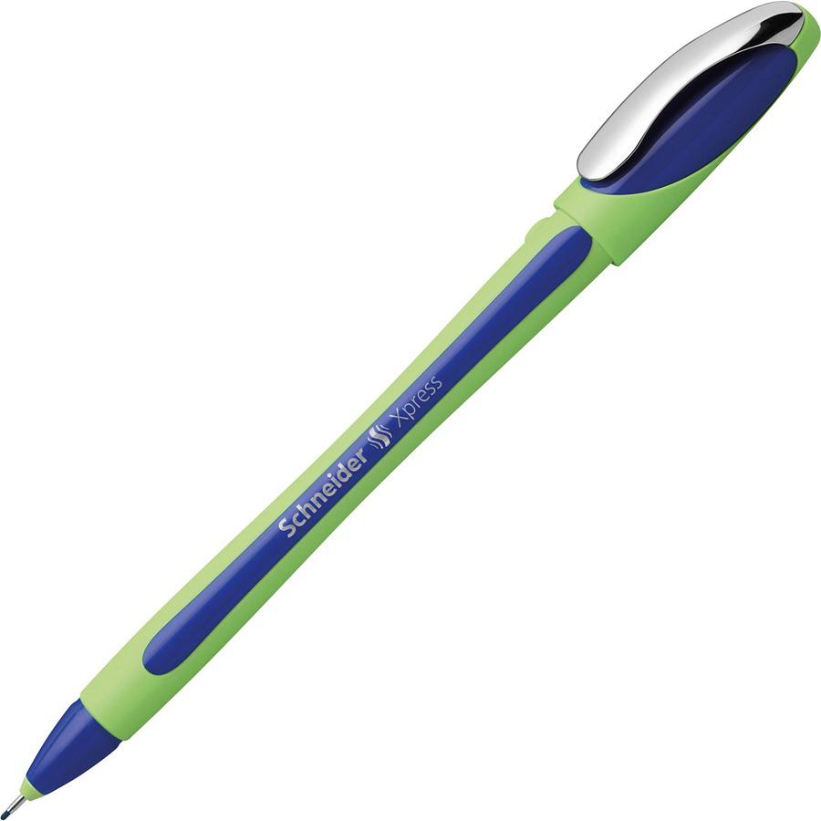 Schneider Xpress Fineliner Pen - Blue Ink - Blue Rubberized, Green Barrel - Stainless Steel Tip - 10 / Pack. Picture 4