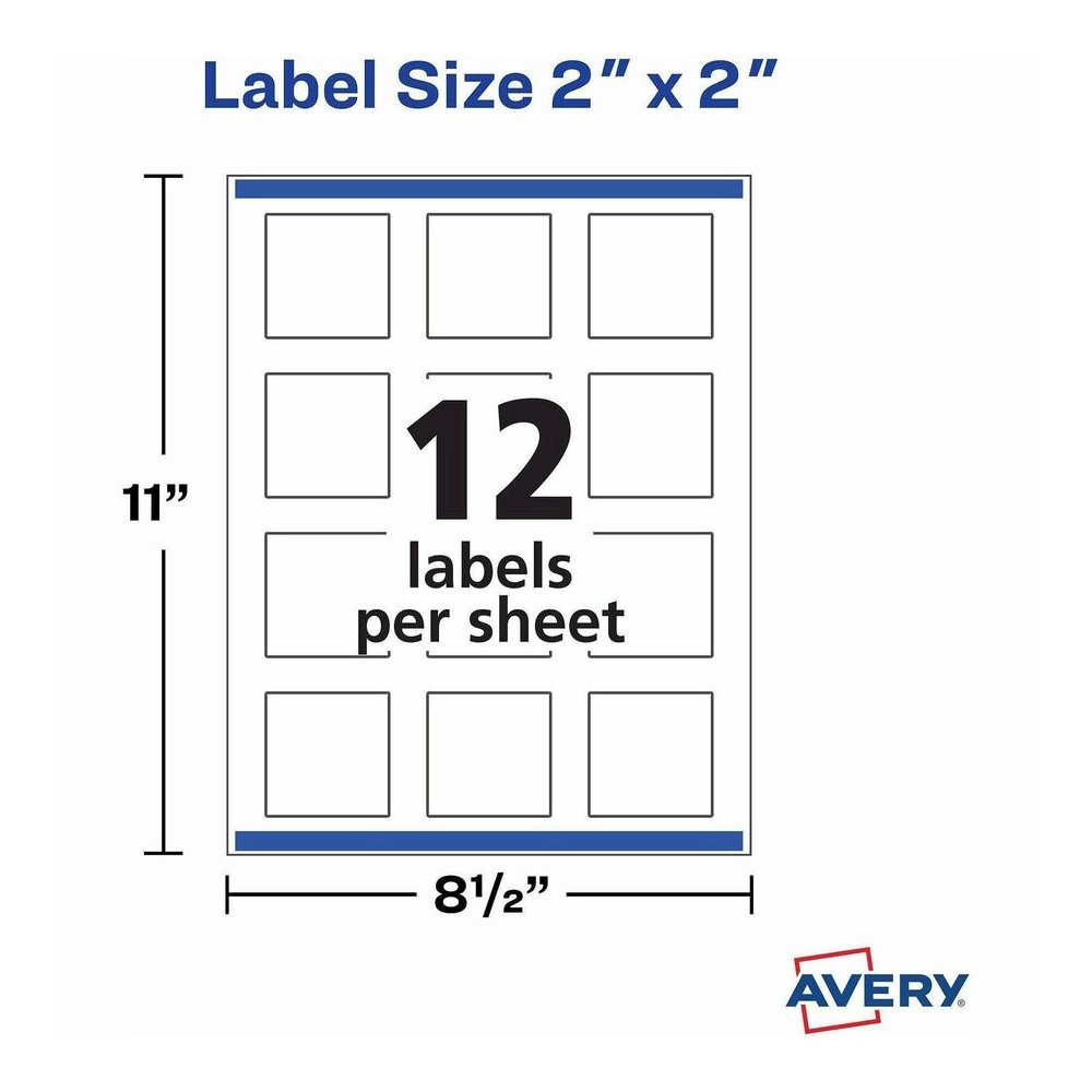 Avery&reg; Printable Square Labels, 2" x 2" , White, 120 Labels (22565) - Waterproof - x 2" Width x 2" Length - Permanent Adhesive - Square - Inkjet, Laser - Glossy - White - Paper - 12 / Sheet - 10 T. Picture 6