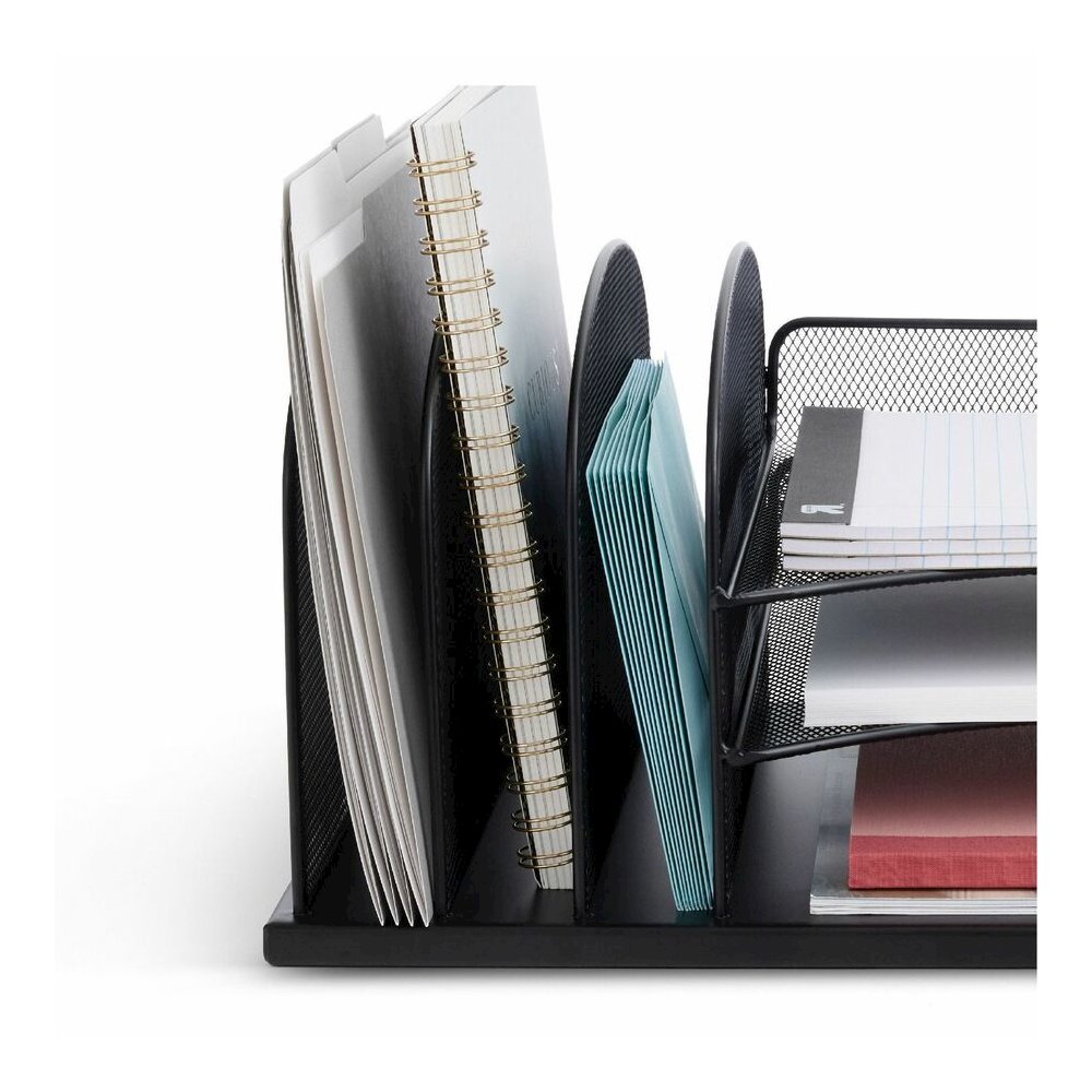 Safco Onyx 3 Tray/3 Upright Section Desk Organizer - 5 Compartment(s) - 8.25" Height x 19.50" Width x 11.50" Depth - Desktop - Powder Coated - Black - Steel - 1 Each. Picture 15