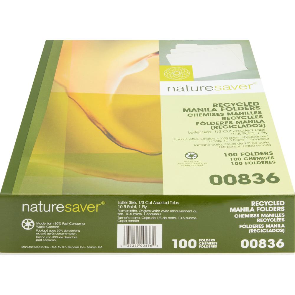 Nature Saver 1/3 Tab Cut Letter Recycled Top Tab File Folder - 8 1/2" x 11" - 3/4" Expansion - Top Tab Location - Assorted Position Tab Position - Manila - Manila - 100% Recycled - 100 / Box. Picture 7