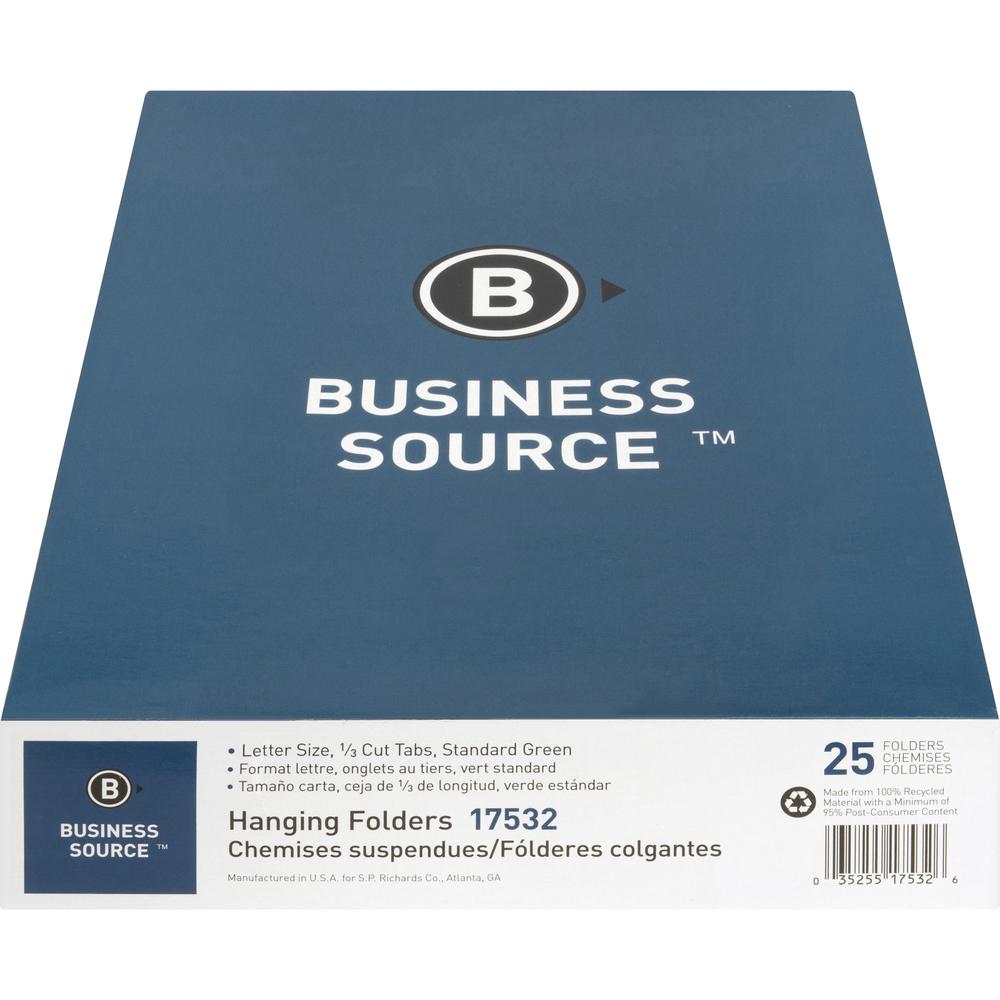 Business Source 1/3 Tab Cut Letter Recycled Hanging Folder - 8 1/2" x 11" - 11 pt. - Standard Green - Acid-free - 100% Recycled - 25 / Box. Picture 2
