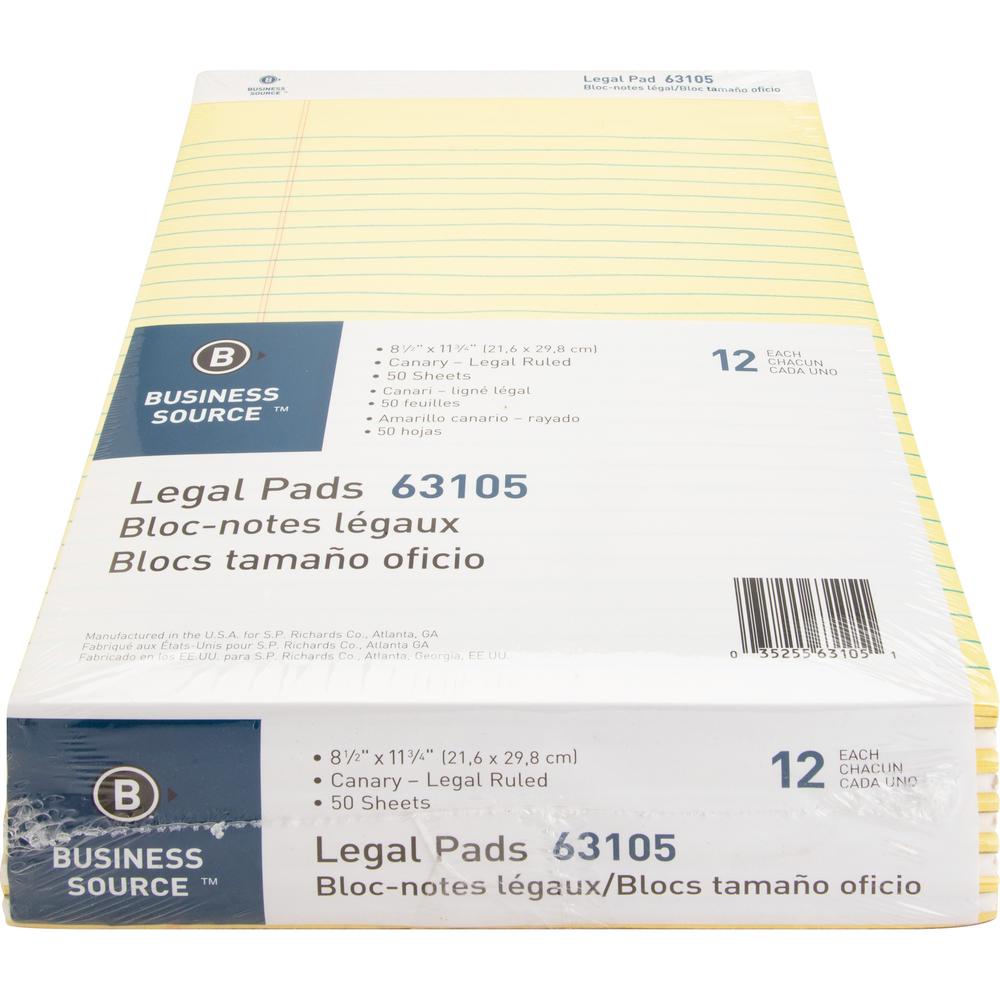 Business Source Micro-Perforated Legal Ruled Pads - 50 Sheets - 0.34" Ruled - 16 lb Basis Weight - 8 1/2" x 11 3/4" Sheet Size - Canary Paper - Micro Perforated, Easy Tear, Sturdy Back - No - 1 Dozen. Picture 2