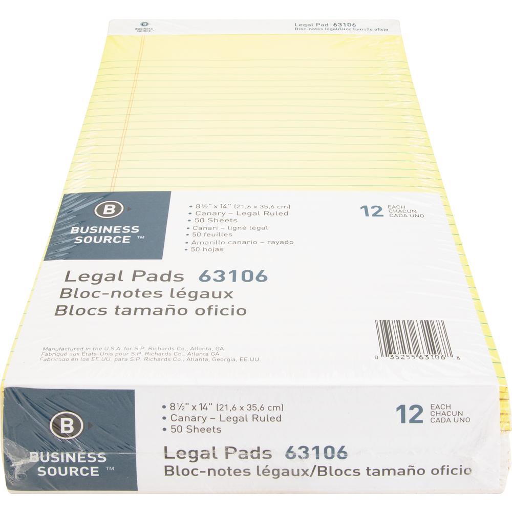 Business Source Legal Pads - 50 Sheets - 0.34" Ruled - 16 lb Basis Weight - Legal - 8 1/2" x 14" - Canary Paper - Micro Perforated, Easy Tear, Sturdy Back - 1 Dozen. Picture 6