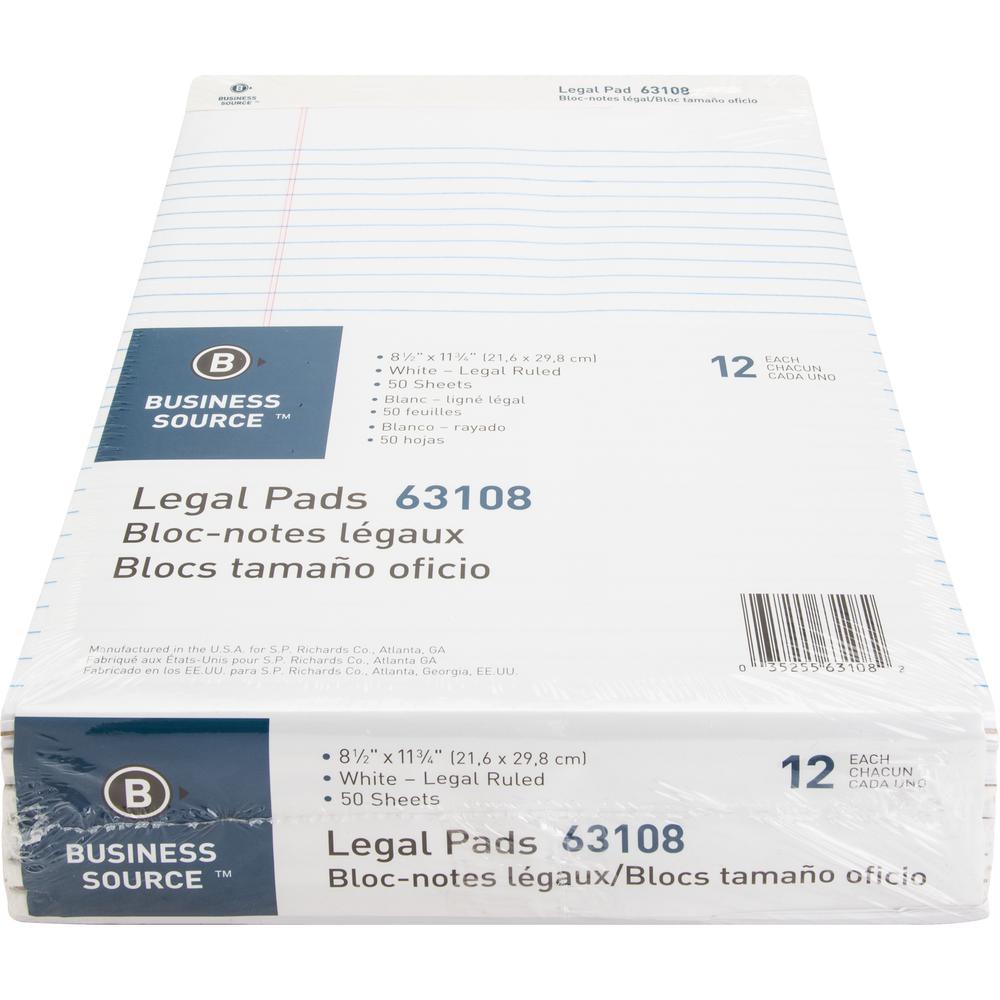 Business Source Micro-Perforated Legal Ruled Pads - 50 Sheets - 0.34" Ruled - 16 lb Basis Weight - 8 1/2" x 11 3/4" Sheet Size - White Paper - Micro Perforated, Easy Tear, Sturdy Back - No - 1 Dozen. Picture 5