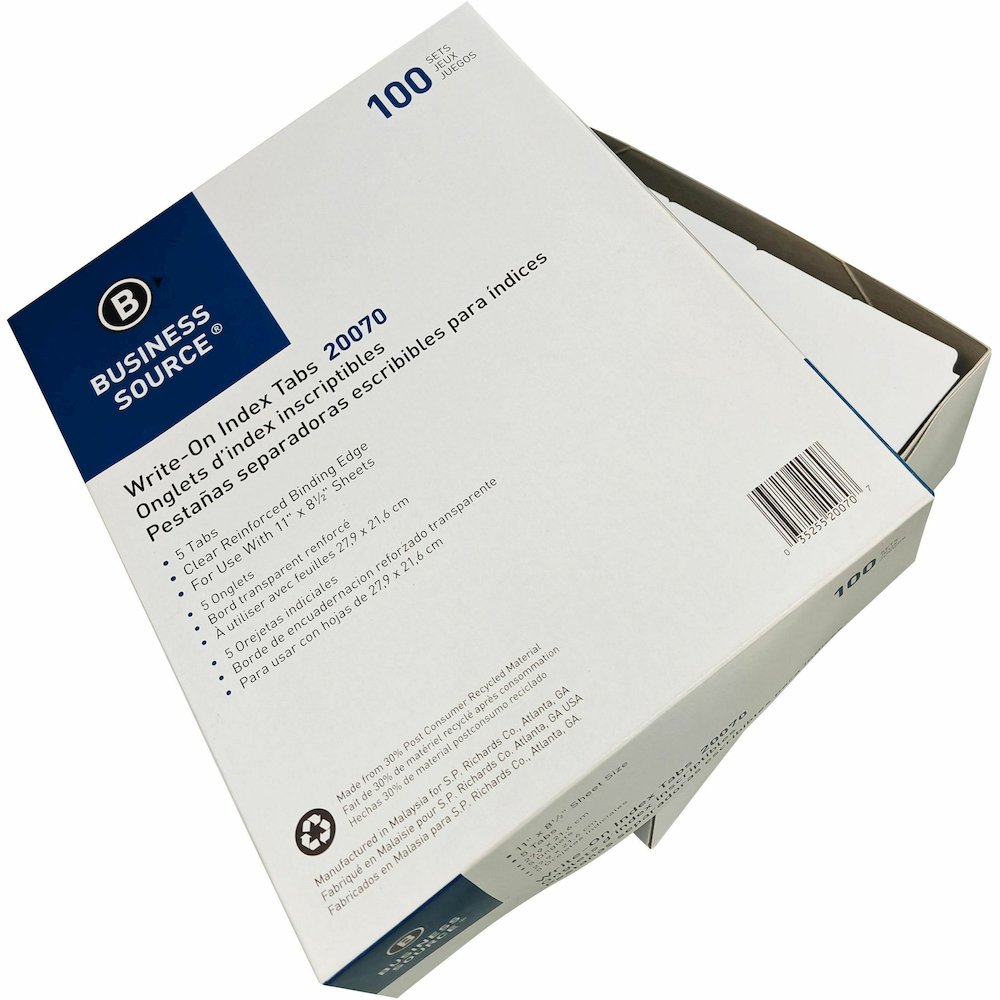 Business Source 3-Ring Plain Tab Indexes - 5 Write-on Tab(s) - 5 Tab(s)/Set - 2" Tab Width - 8.5" Divider Width x 11" Divider Length - Letter - 3 Hole Punched - White Divider - 100% Yes - Mylar Reinfo. Picture 9