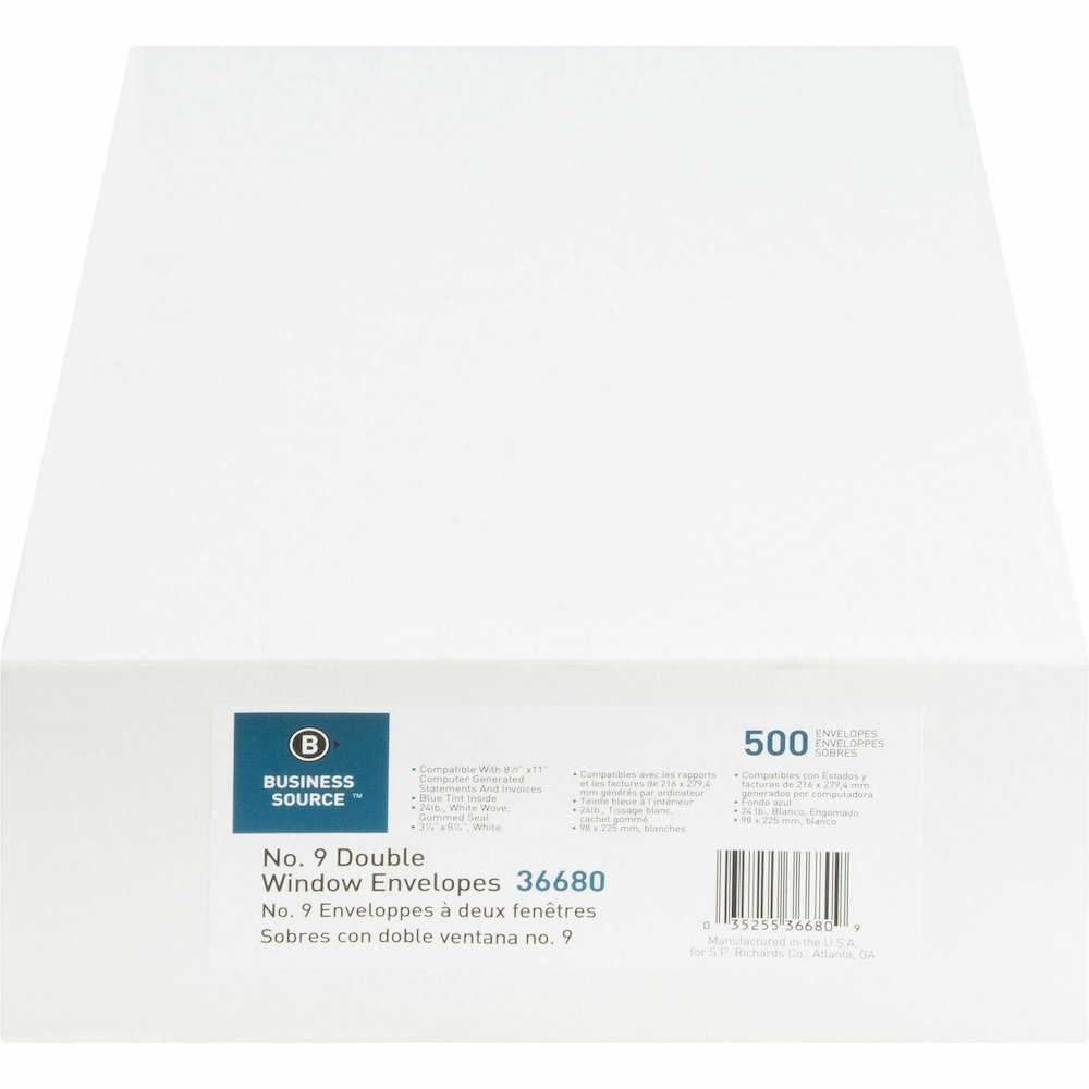Business Source No. 9 Double Window Invoice Envelopes - Double Window - #9 - 8 7/8" Width x 3 7/8" Length - 24 lb - White - 500 / Box. Picture 17