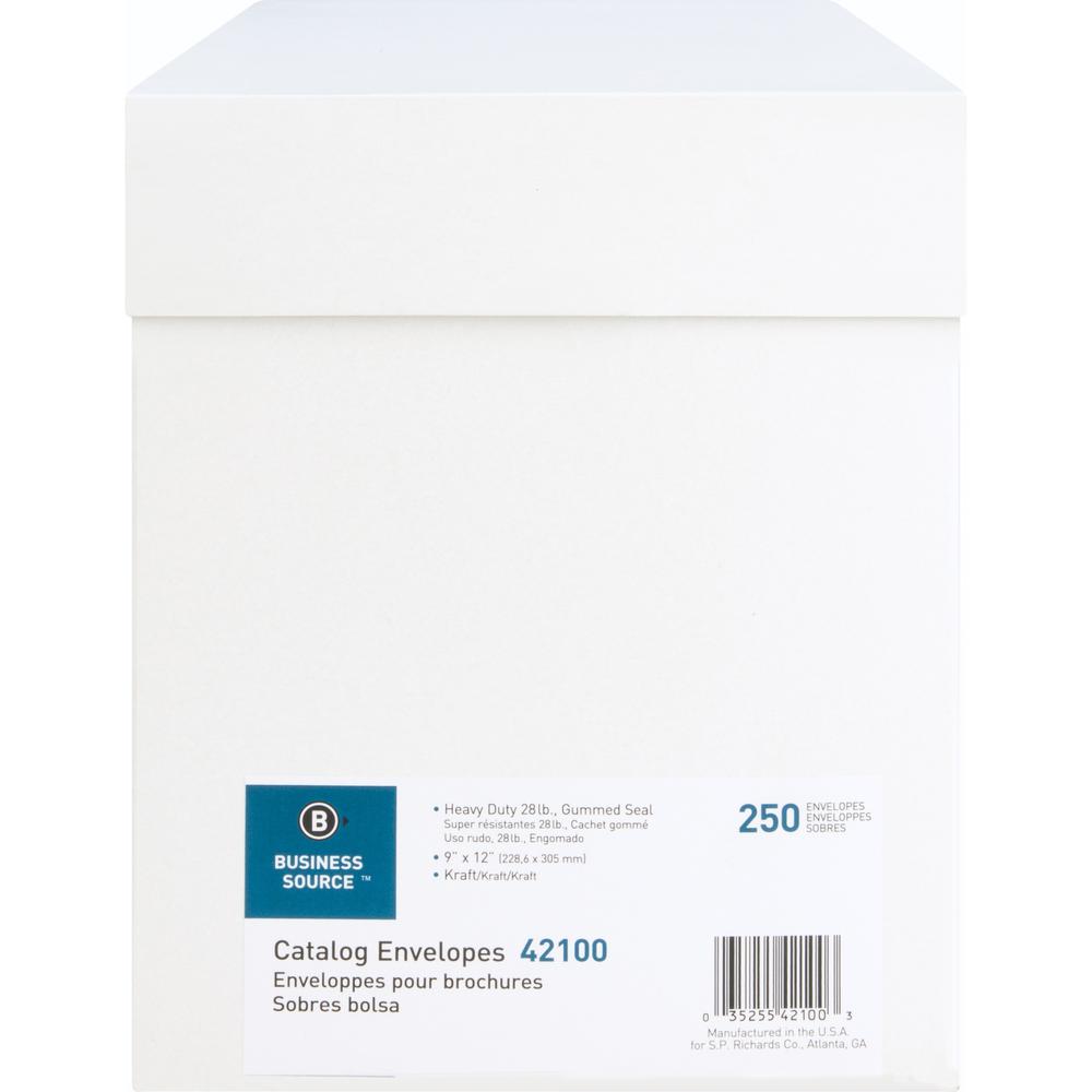 Business Source Kraft Gummed Catalog Envelopes - Catalog - #10 1/2 - 9" Width x 12" Length - 28 lb - Gummed - Kraft - Kraft - 250 / Box. Picture 10