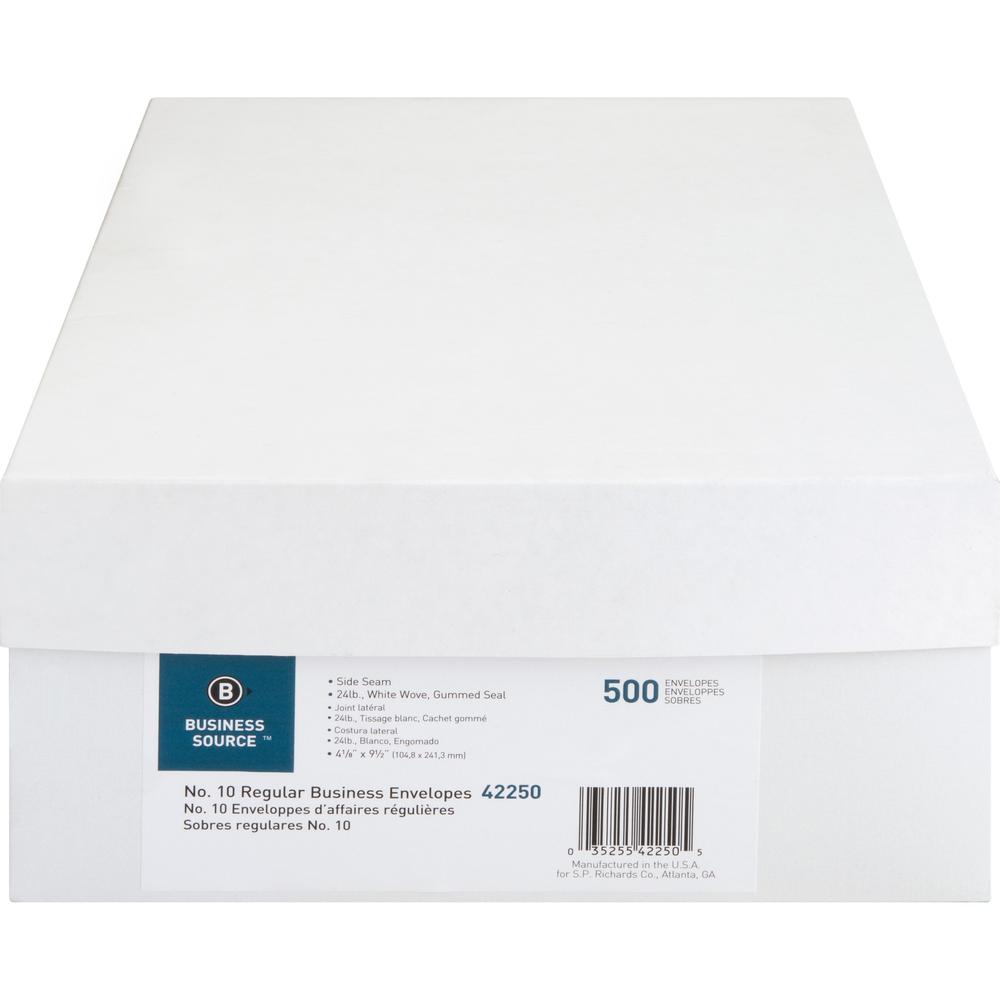 Business Source No. 10 Regular Business Envelopes - Commercial - #10 - 4 1/8" Width x 9 1/2" Length - 24 lb - Gummed - White - Wove - 500 / Box. Picture 5