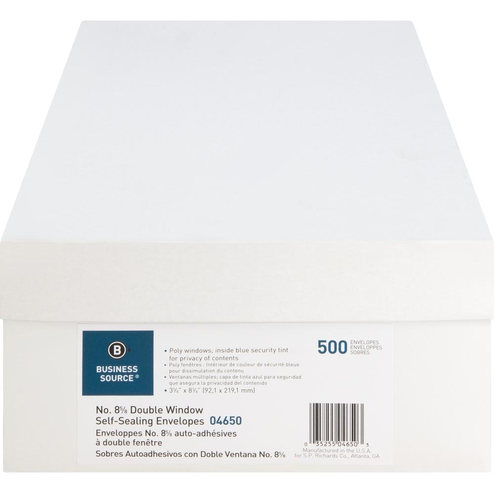 Business Source Double Window No. 8-5/8 Check Envelopes - Double Window - #8 5/8 - 8 5/8" Width x 3 5/8" Length - 24 lb - Self-sealing - White - 500 / Box. Picture 11