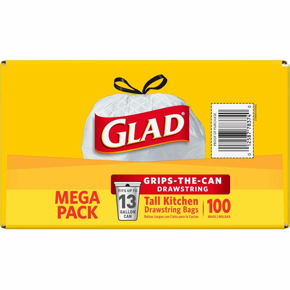 Glad ForceFlex Tall Kitchen Drawstring Trash Bags - 13 gal Capacity - 24" Width x 27" Length - 9 mil (229 Micron) Thickness - Drawstring Closure - White - Plastic - 100/Box - Kitchen, Office, Day Care. Picture 12