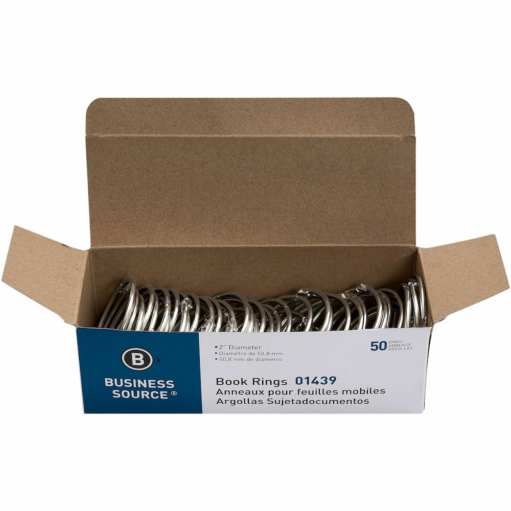 Business Source Standard Book Rings - 2" Diameter - Silver - Nickel Plated - 50 / Box. Picture 7