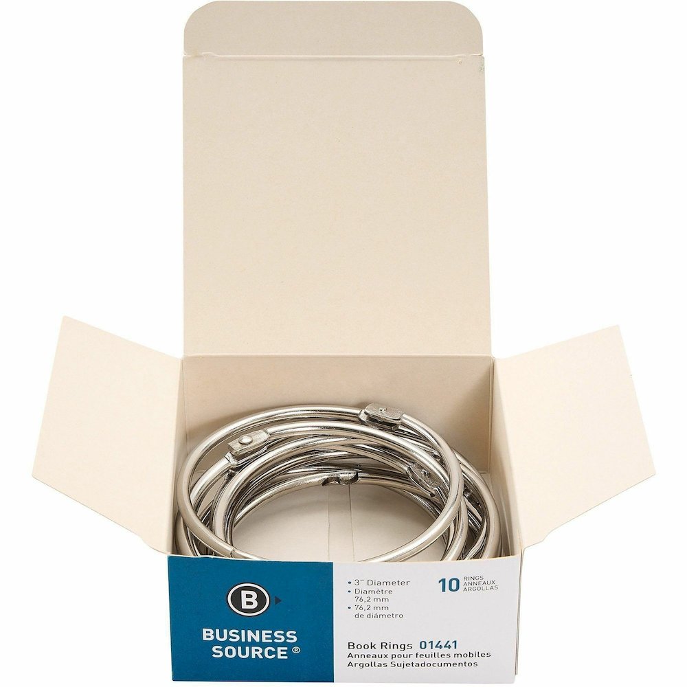 Business Source Standard Book Rings - 3" Diameter - Silver - Nickel Plated - 10/Box - 5 / Bundle. Picture 7