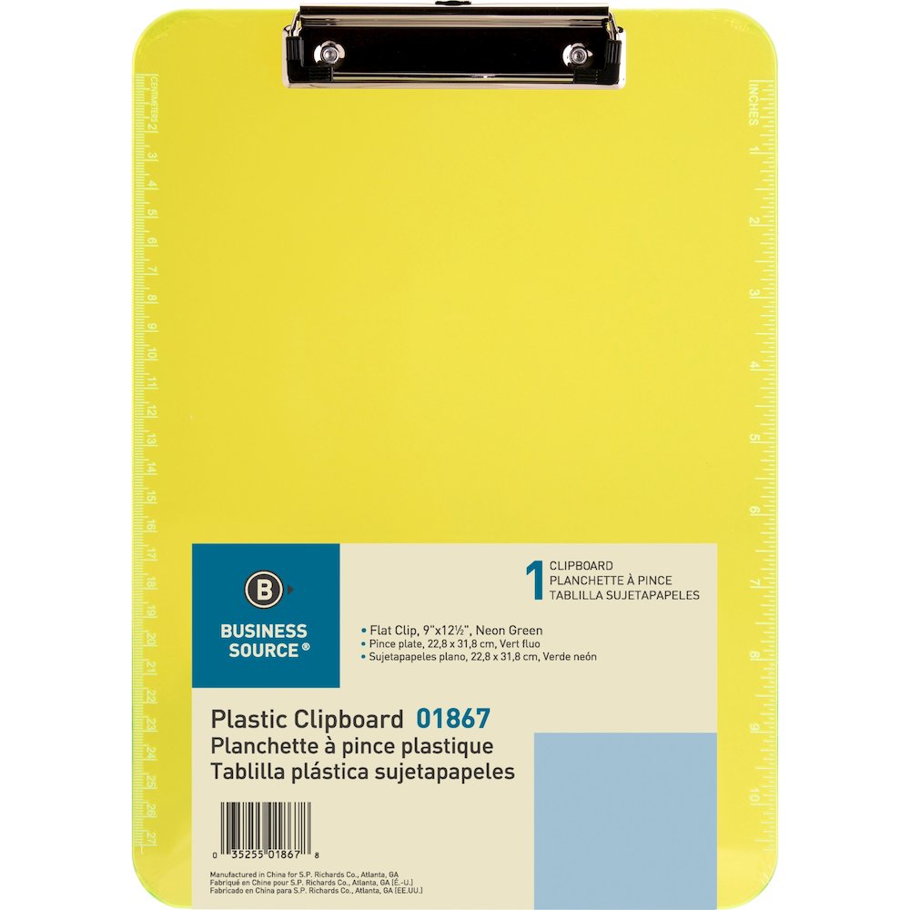 Business Source Flat Clip Clipboard - 9" x 12" Sheet Size - Plastic - Neon Green - 6 / Bundle. Picture 13
