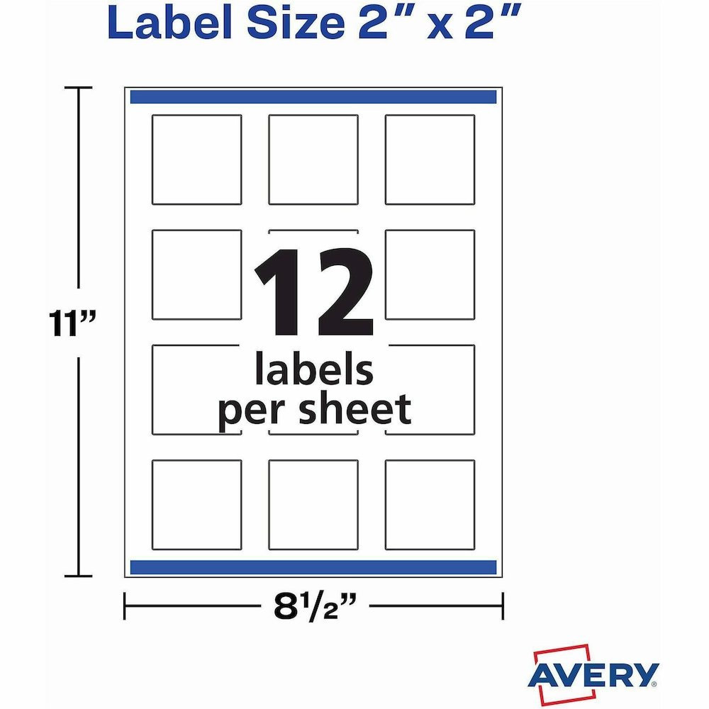 Avery&reg; Printable Square Labels, 2" x 2" , White, 120 Labels (22565) - Waterproof - x 2" Width x 2" Length - Permanent Adhesive - Square - Inkjet, Laser - Glossy - White - Paper - 12 / Sheet - 10 T. Picture 7