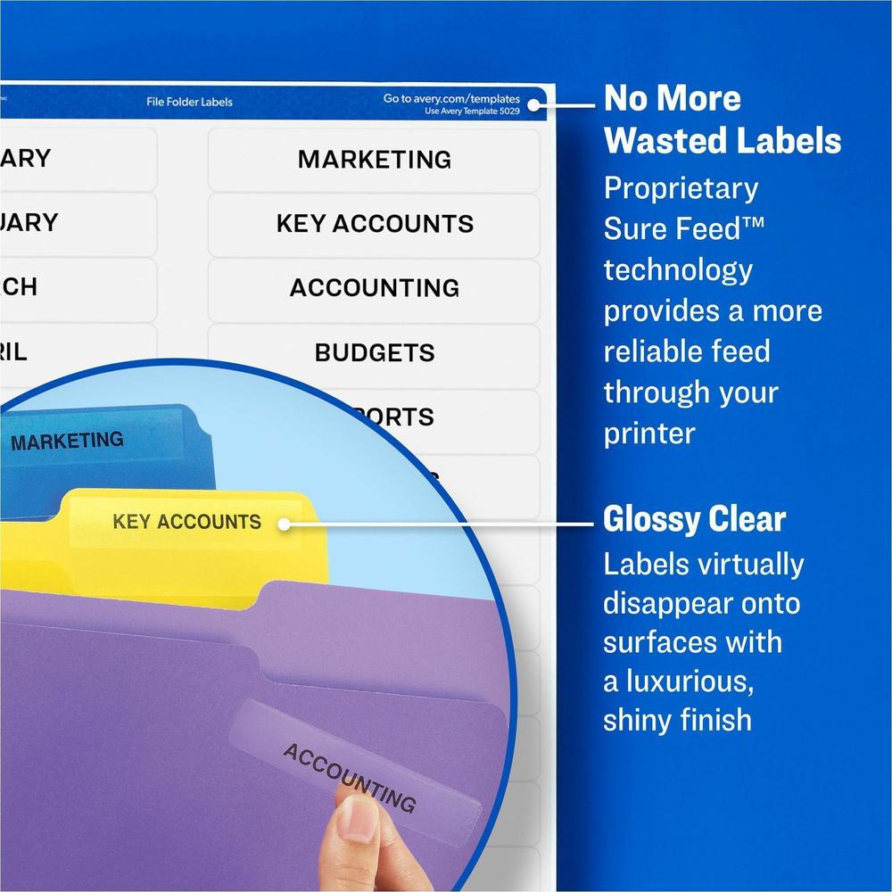 Avery&reg; Clear Top Tab Filing Labels - 2/3" Width x 3 7/16" Length - Permanent Adhesive - Rectangle - Inkjet, Laser - Glossy - Clear - Film - 30 / Sheet - 15 Total Sheets - 450 Total Label(s) - 450 . Picture 5
