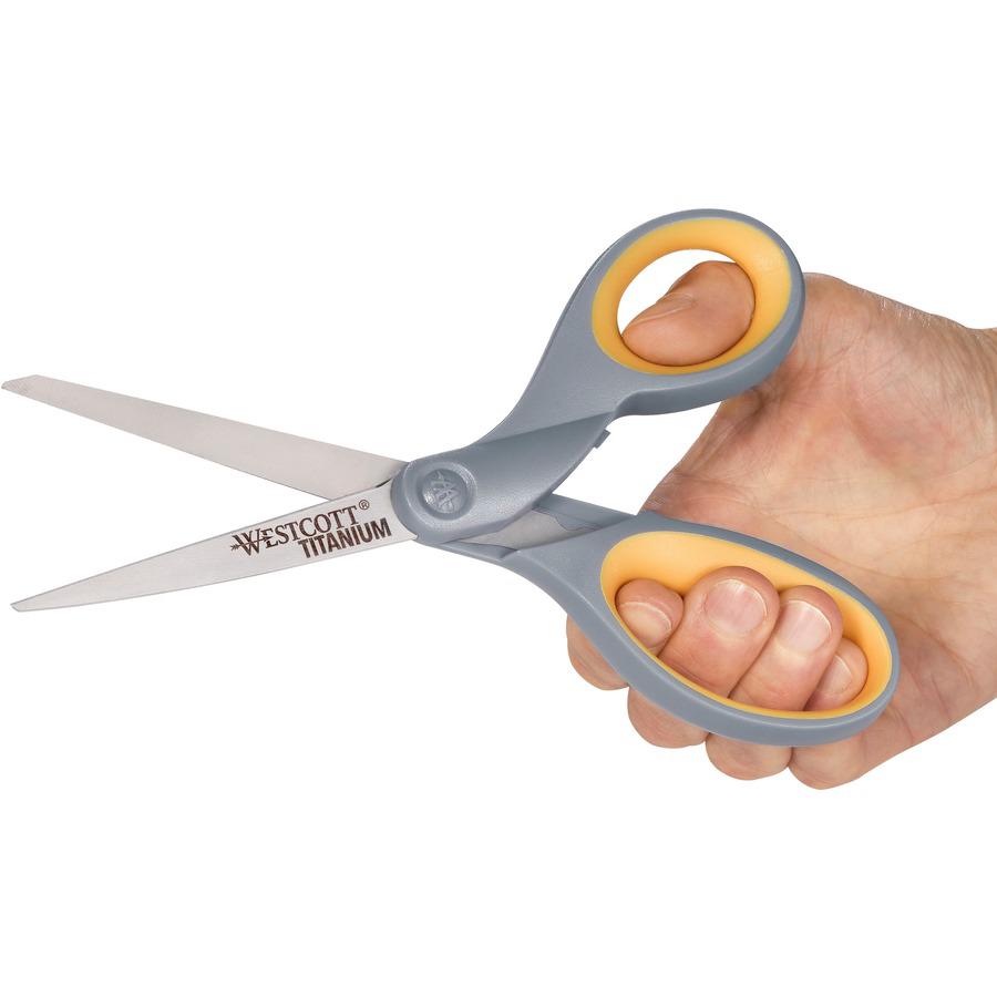 Westcott 8" Titanium Bonded Scissors - 3.50" Cutting Length - 8" Overall Length - Straight-left/right - Titanium - Straight Tip - Gray/Yellow - 1 Each. Picture 6