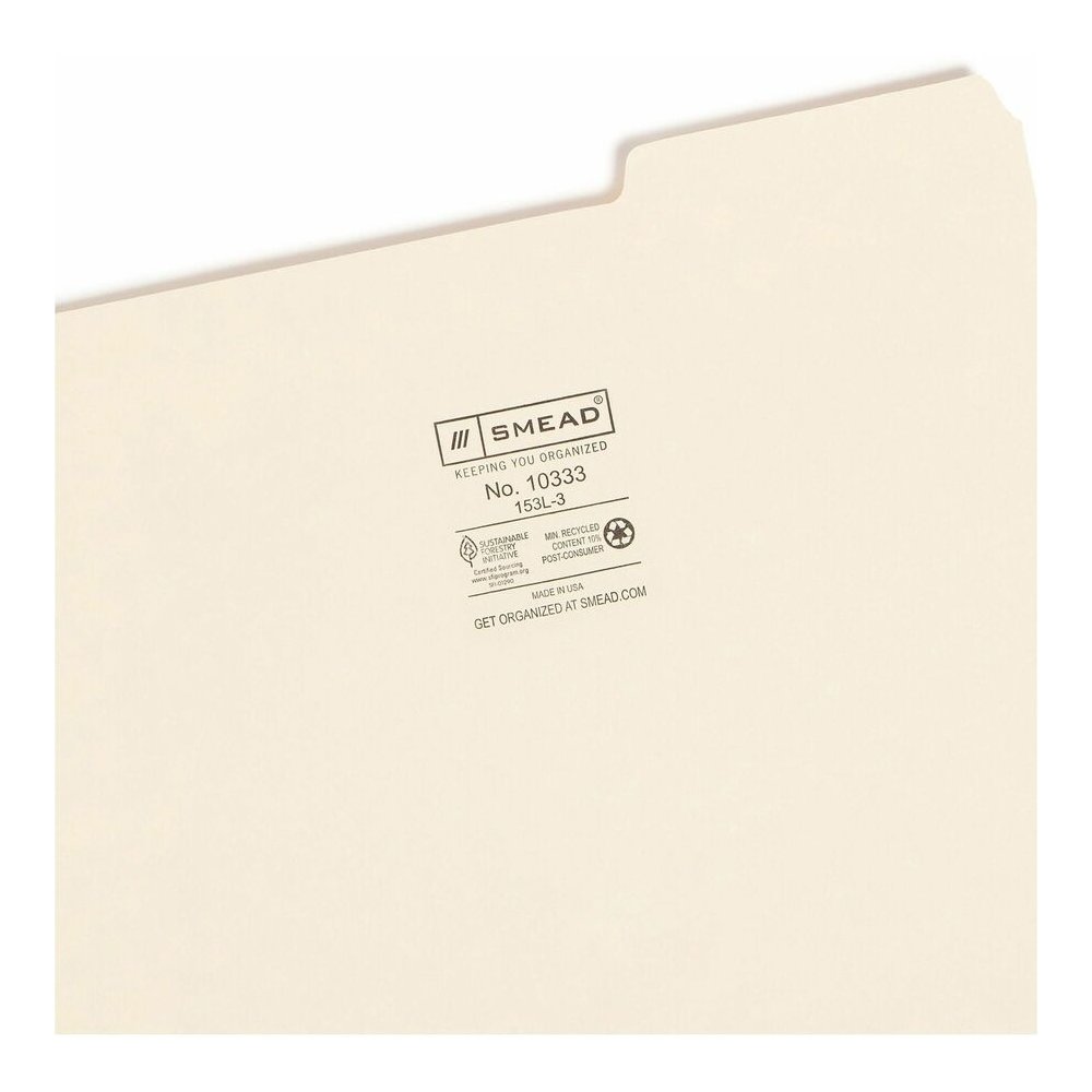 Smead 1/3 Tab Cut Letter Recycled Top Tab File Folder - 8 1/2" x 11" - 3/4" Expansion - Top Tab Location - Right Tab Position - 11 pt. - 1 Plys - Manila - 10% Recycled - 100 / Box. Picture 10