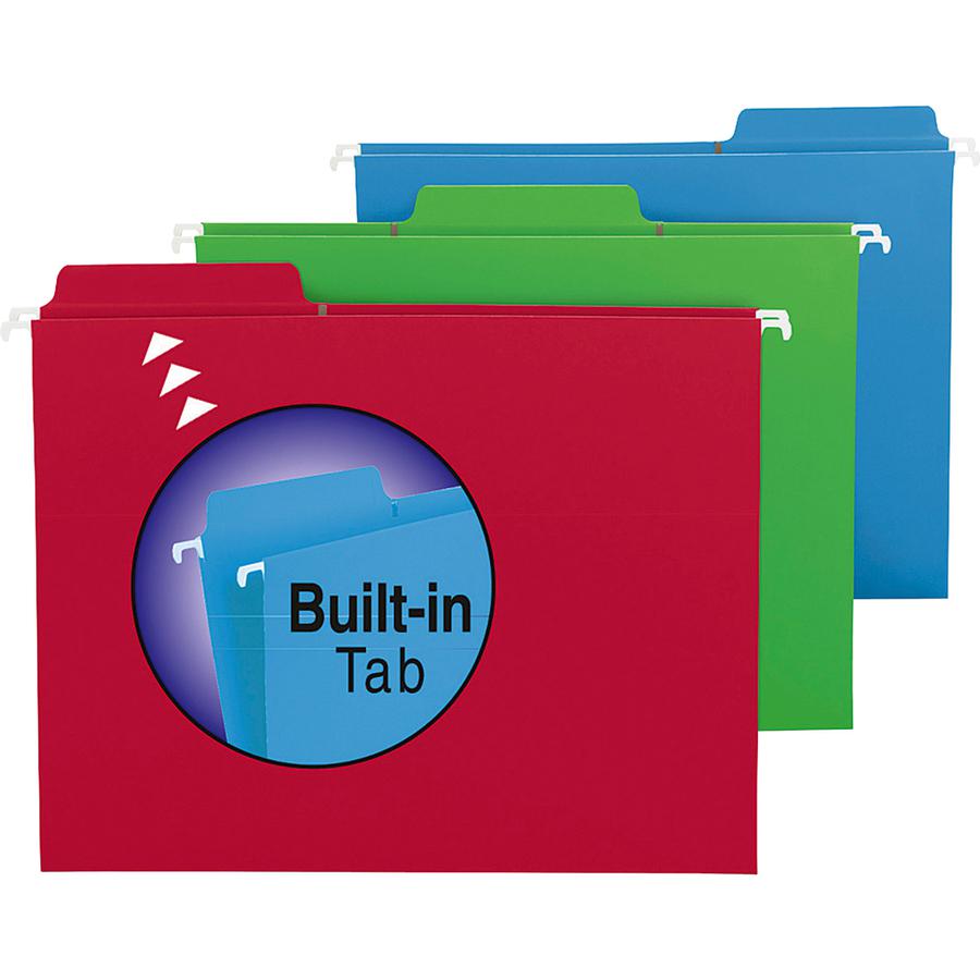 Smead FasTab 1/3 Tab Cut Letter Recycled Hanging Folder - 8 1/2" x 11" - Top Tab Location - Assorted Position Tab Position - Blue, Green, Red - 10% Recycled - 18 / Box. Picture 10