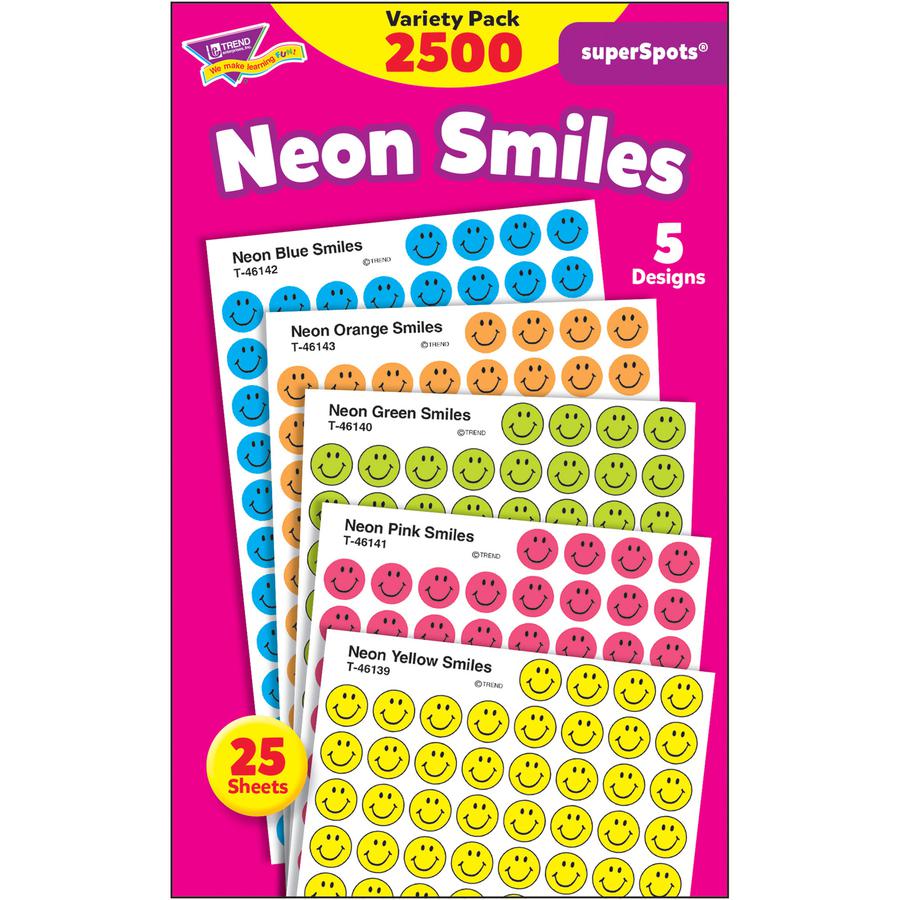 Trend superSpots Neon Smiles Stickers Variety Pack - 2500 x Smilies Shape - Acid-free, Non-toxic - Neon Green, Neon Yellow, Neon Orange, Neon Blue, Neon Pink - 2500 / Pack. Picture 2