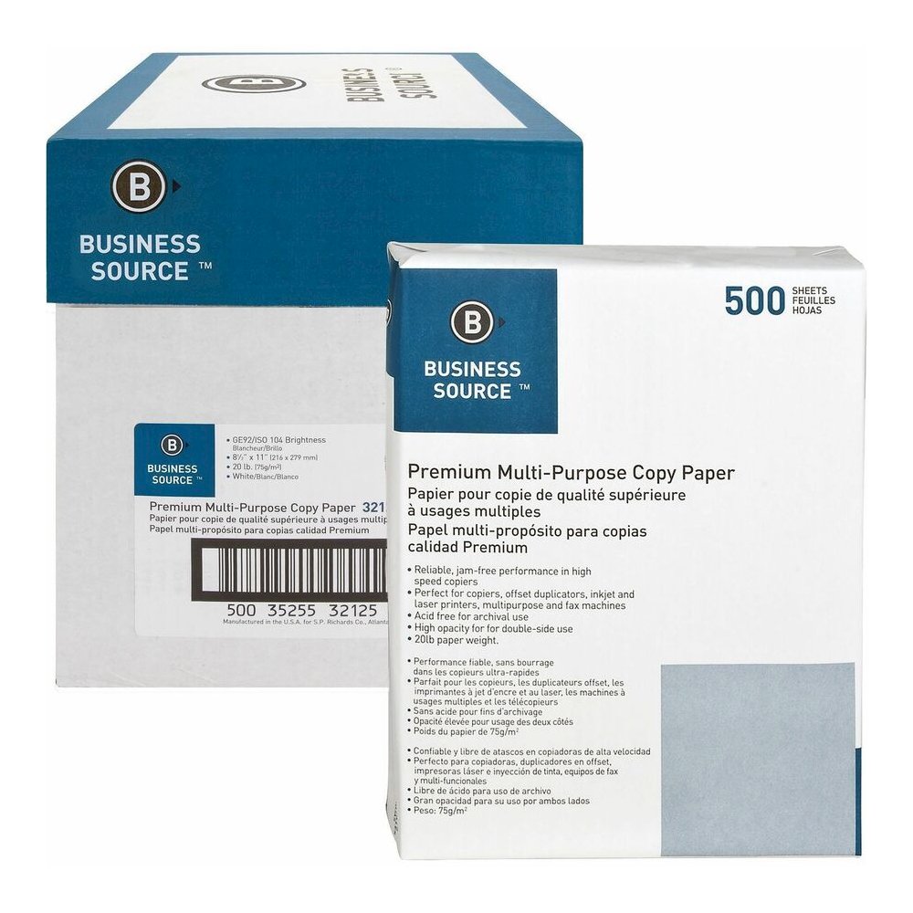 Business Source Premium Multipurpose Copy Paper - White - 92 Brightness - Letter - 8 1/2" x 11" - 20 lb Basis Weight - Acid-free - White - 2500 Sheets - 500 Sheets per Ream - 5 / Carton. Picture 14
