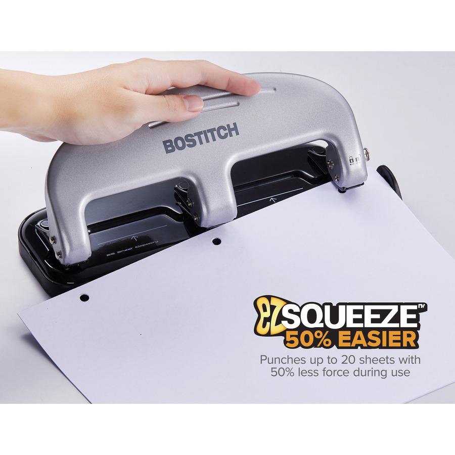 Bostitch EZ Squeeze&trade; 20 Three-Hole Punch - 3 Punch Head(s) - 20 Sheet - 9/32" Punch Size - 4.4" x 2" - Black, Silver. Picture 5
