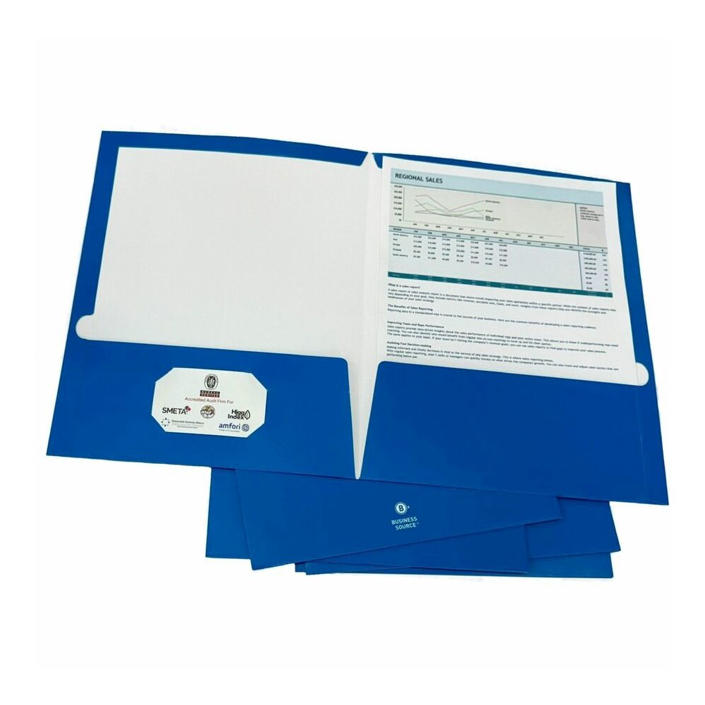 Business Source Letter Pocket Folder - 8 1/2" x 11" - 100 Sheets Capacity - 2 Internal Pocket - Blue - Laminated, Durable, Die-cut - 1 Box. Picture 9