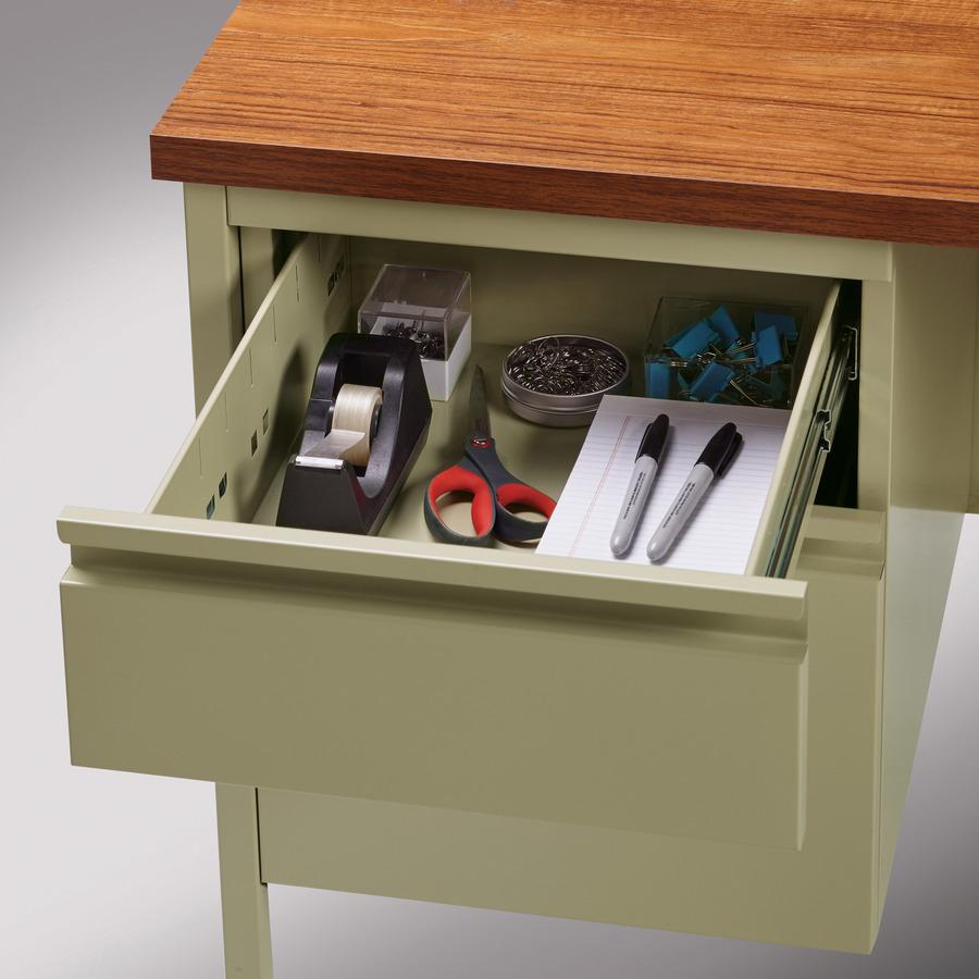 Lorell Fortress Series Left-Pedestal Desk - Rectangle Top - 66" Table Top Width x 30" Table Top Depth x 1.12" Table Top Thickness - 29.50" Height - Office, File - Assembly Required - Oak, Oak Laminate. Picture 14