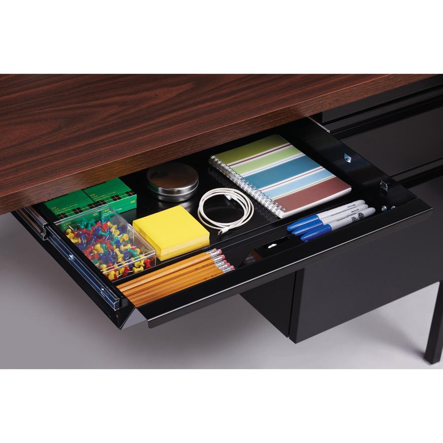 Lorell Fortress Series Left-Pedestal Desk - Rectangle Top - 66" Table Top Width x 30" Table Top Depth x 1.12" Table Top Thickness - 29.50" Height - Office, File - Assembly Required - Black Walnut, Lam. Picture 10