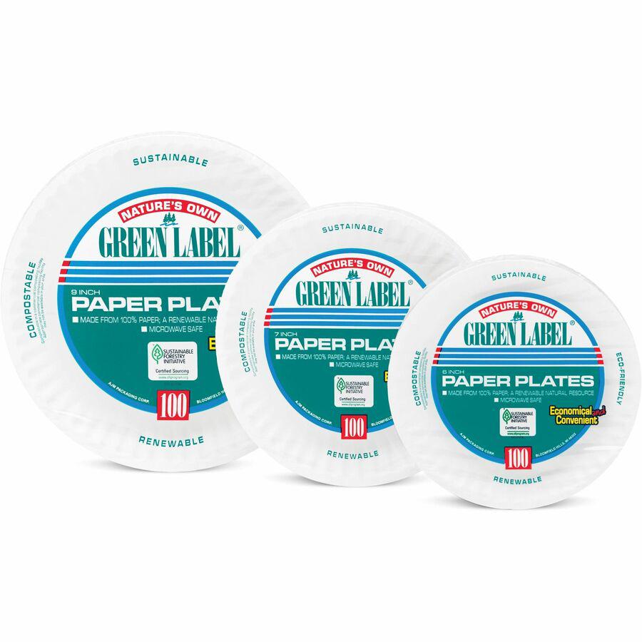 AJM Green Label 9" Economy Paper Plates - 100 / Pack - Microwave Safe - 9" Diameter - White - Paper Body - 10 / Carton. Picture 11