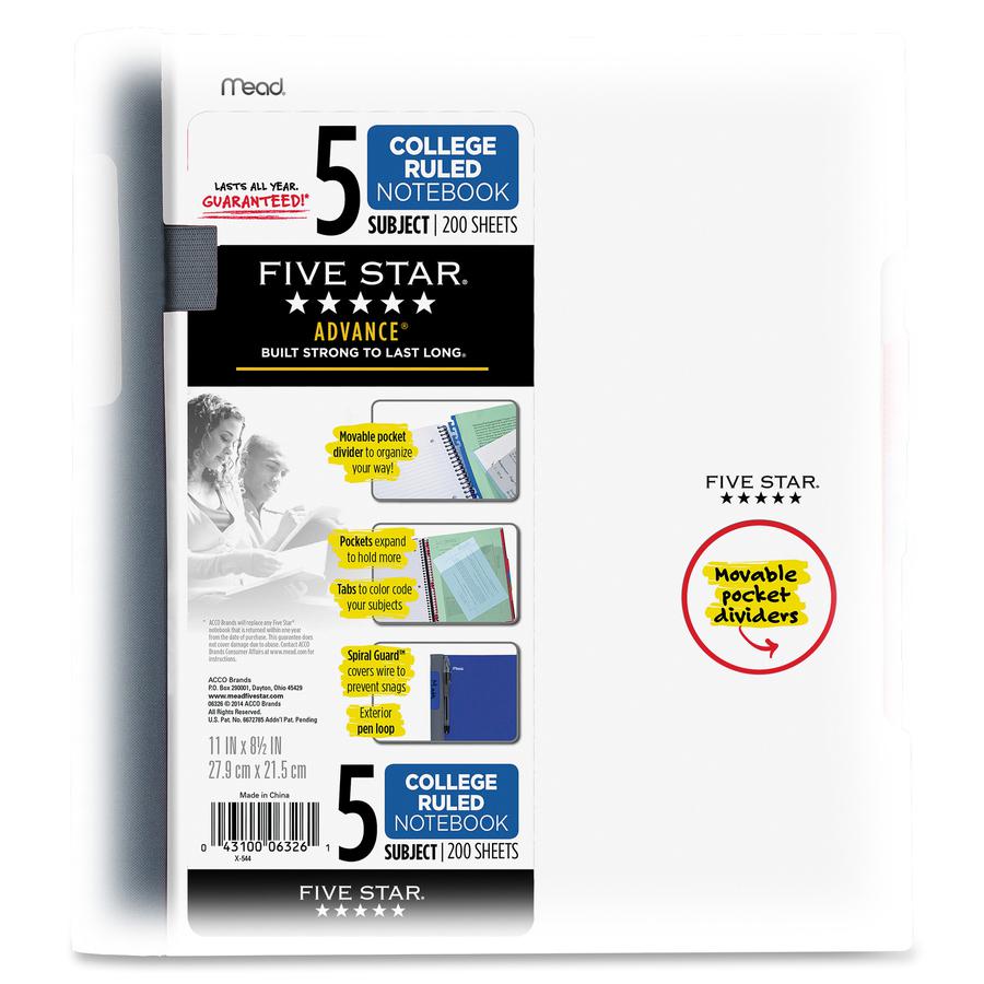 Mead College Ruled Subject Notebooks - 200 Pages - Spiral - 11" x 10.2" - AssortedPlastic Cover - Tab, Divider, Durable, Subject, Snag Resistant, Expandable Pocket, Pen Loop - 1 Each. Picture 4