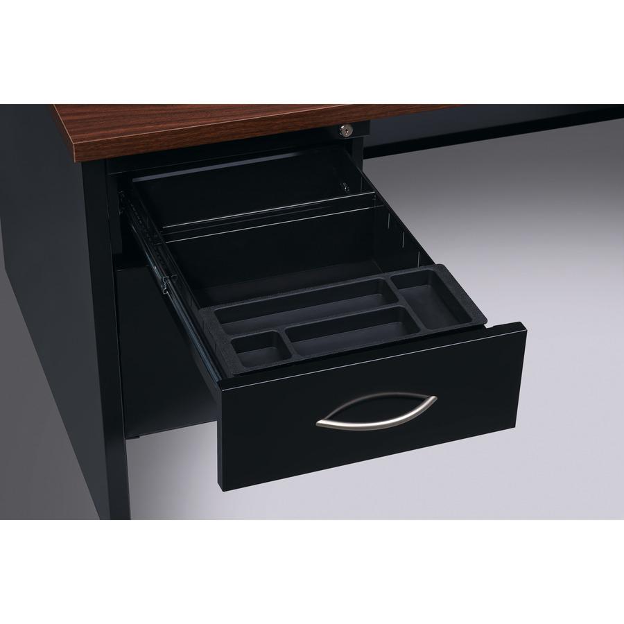 Lorell Fortress Modular Series Double-Pedestal Desk - 60" Width x 30" Depth, x 1.1" Thickness Top - Total Drawer(s): 4 - Double Pedestal - Material: Steel - Finish: Walnut Laminate, Black - Scratch Re. Picture 13