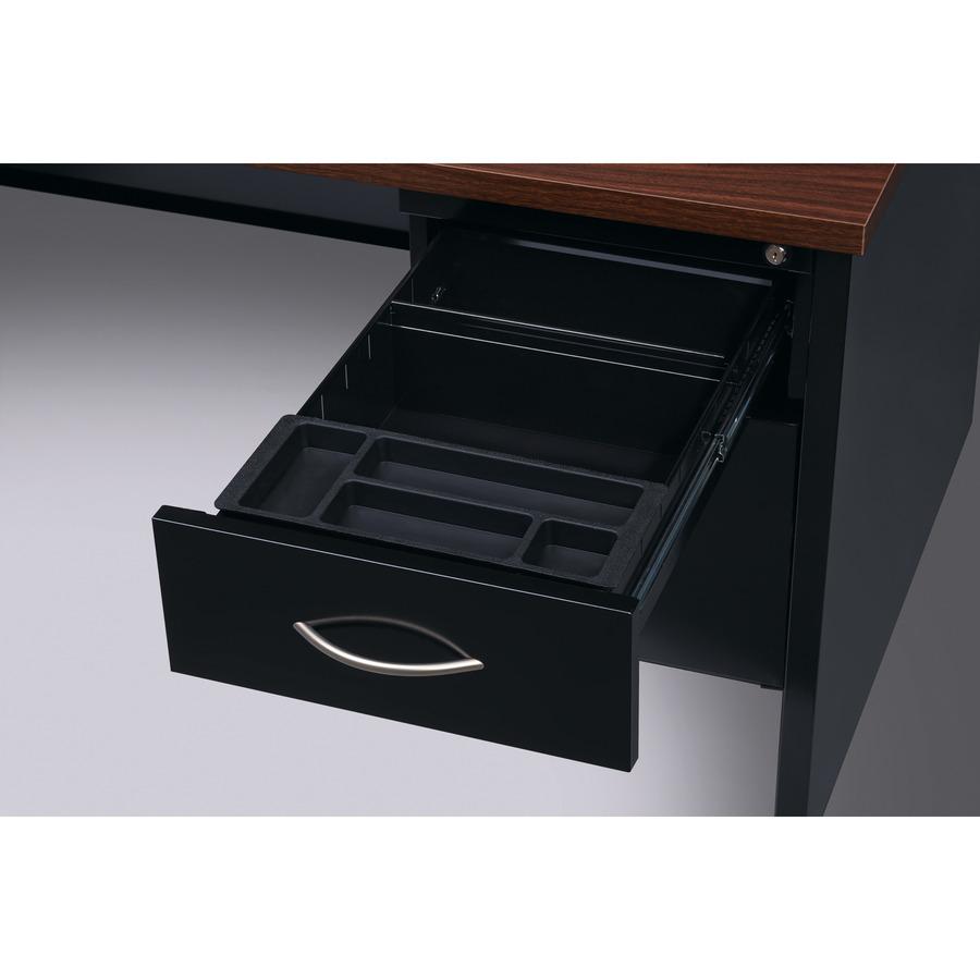 Lorell Fortress Modular Series Right-Pedestal Desk - 66" Width x 30" Depth, x 1.1" Thickness Top - Total Drawer(s): 2 - Single Pedestal on Right Side - Material: Steel - Finish: Walnut Laminate, Black. Picture 7