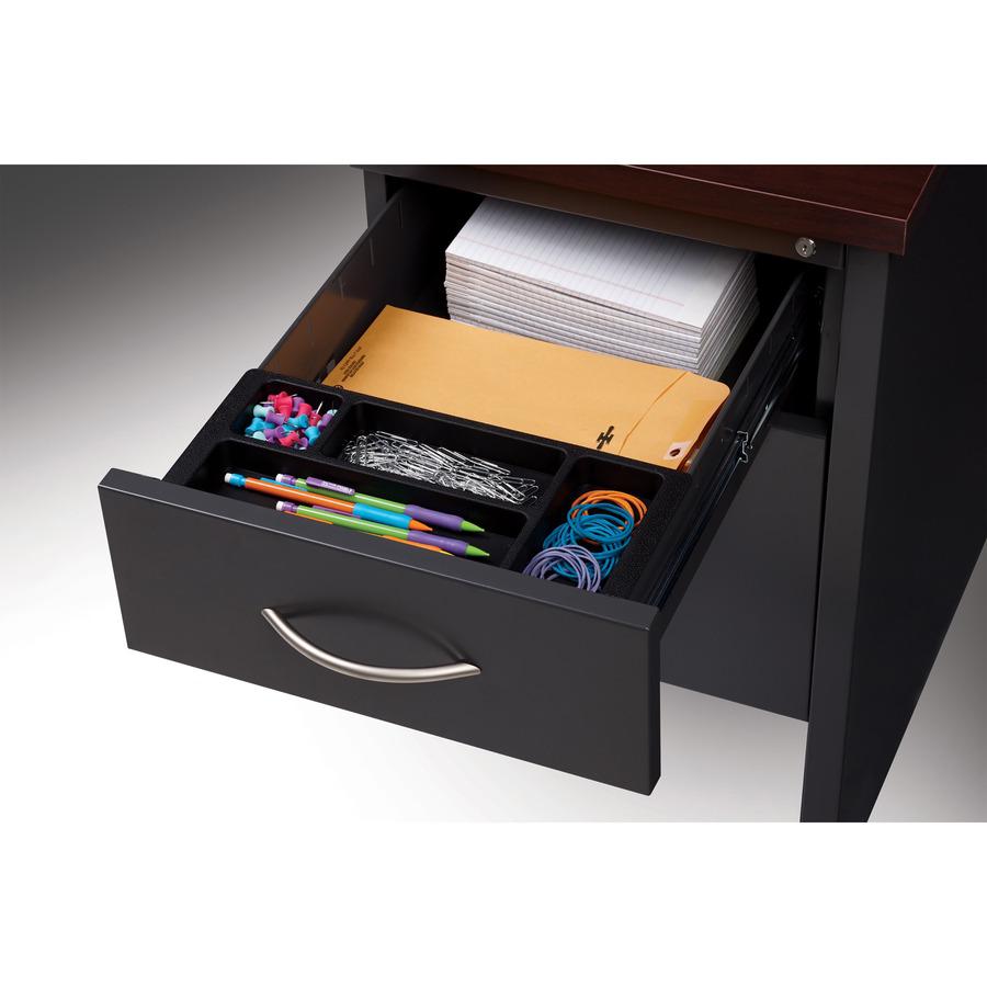 Lorell Fortress Modular Series Right-pedestal Credenza - 72" Width x 24" Depth, x 1.1" Thickness Top - Total Drawer(s): 2 - Single Pedestal on Right Side - Material: Steel - Finish: Mahogany Laminate,. Picture 6