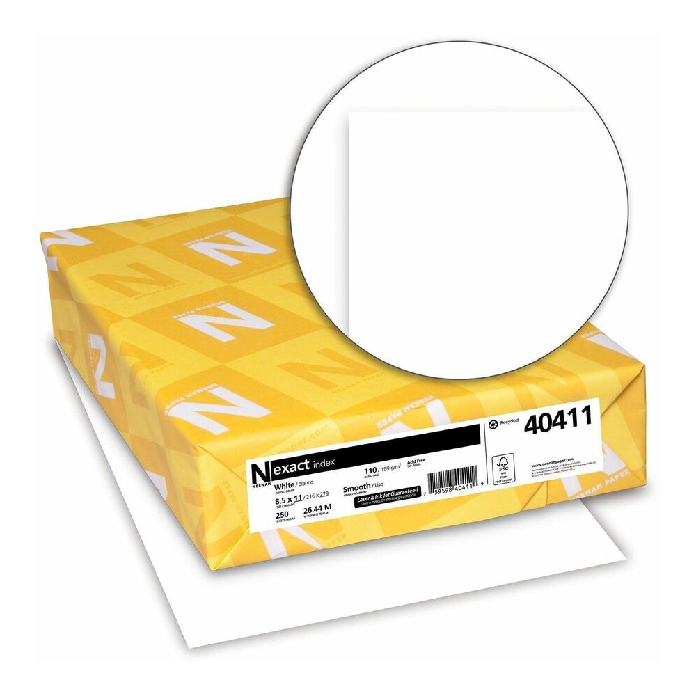 Neenah Index Paper - White - 94 Brightness - Letter - 8 1/2" x 11" - 110 lb Basis Weight - Smooth - Durable, Acid-free - White - 250/Pack - 2 / Bundle. Picture 6