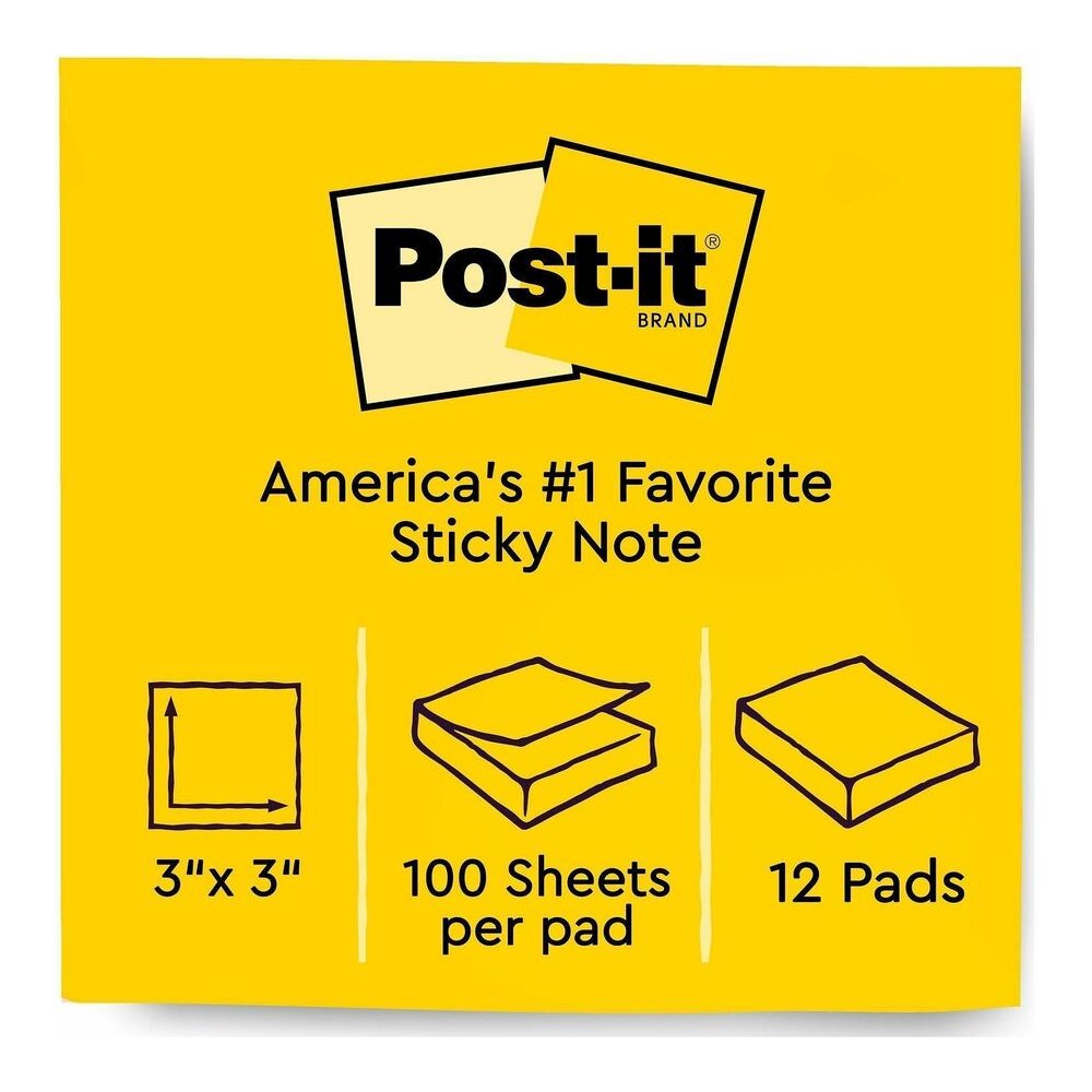 Post-it&reg; Notes Original Notepads - 3" Flag/Note Width x 3" Flag/Note Length - Square - 100 Sheets per Pad - Unruled - Canary Yellow - Paper - Self-adhesive, Repositionable - 12/Pack - 2 / Bundle. Picture 11