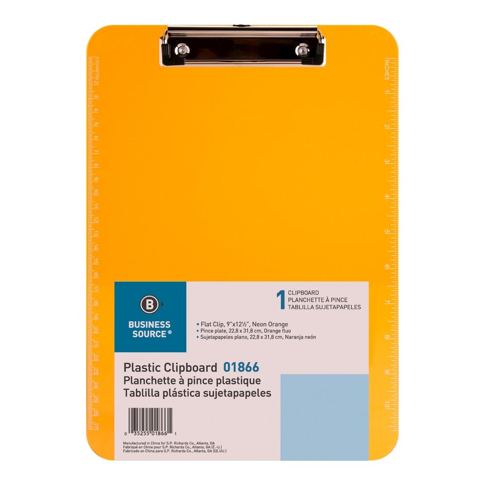 Business Source Flat Clip Clipboard - 9" x 12" Sheet Size - Plastic - Neon Orange - 6 / Bundle. Picture 13